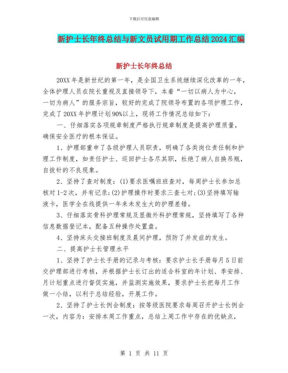 新护士长年终总结与新文员试用期工作总结2024汇编_第1页