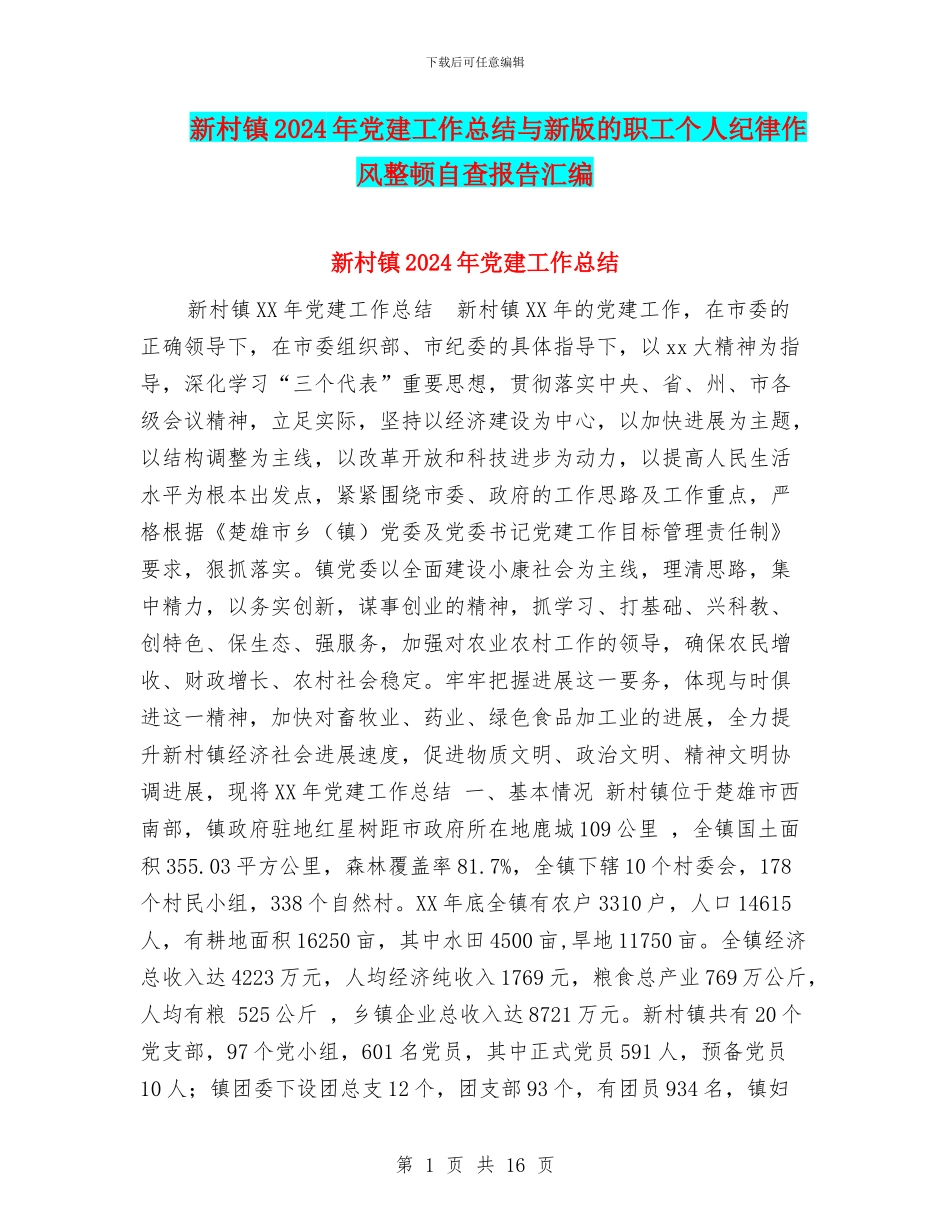 新村镇2024年党建工作总结与新版的职工个人纪律作风整顿自查报告汇编_第1页