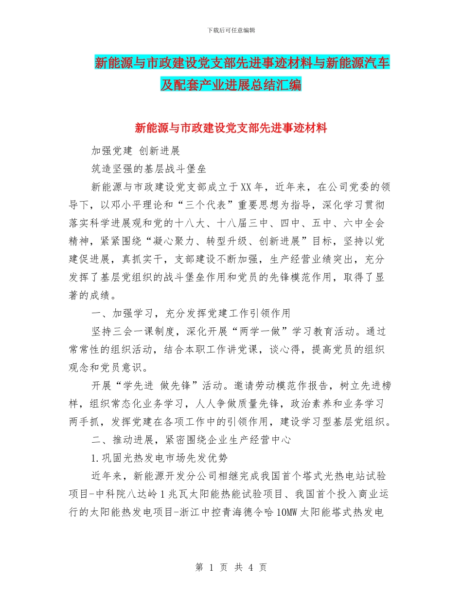 新能源与市政建设党支部先进事迹材料与新能源汽车及配套产业发展总结汇编_第1页