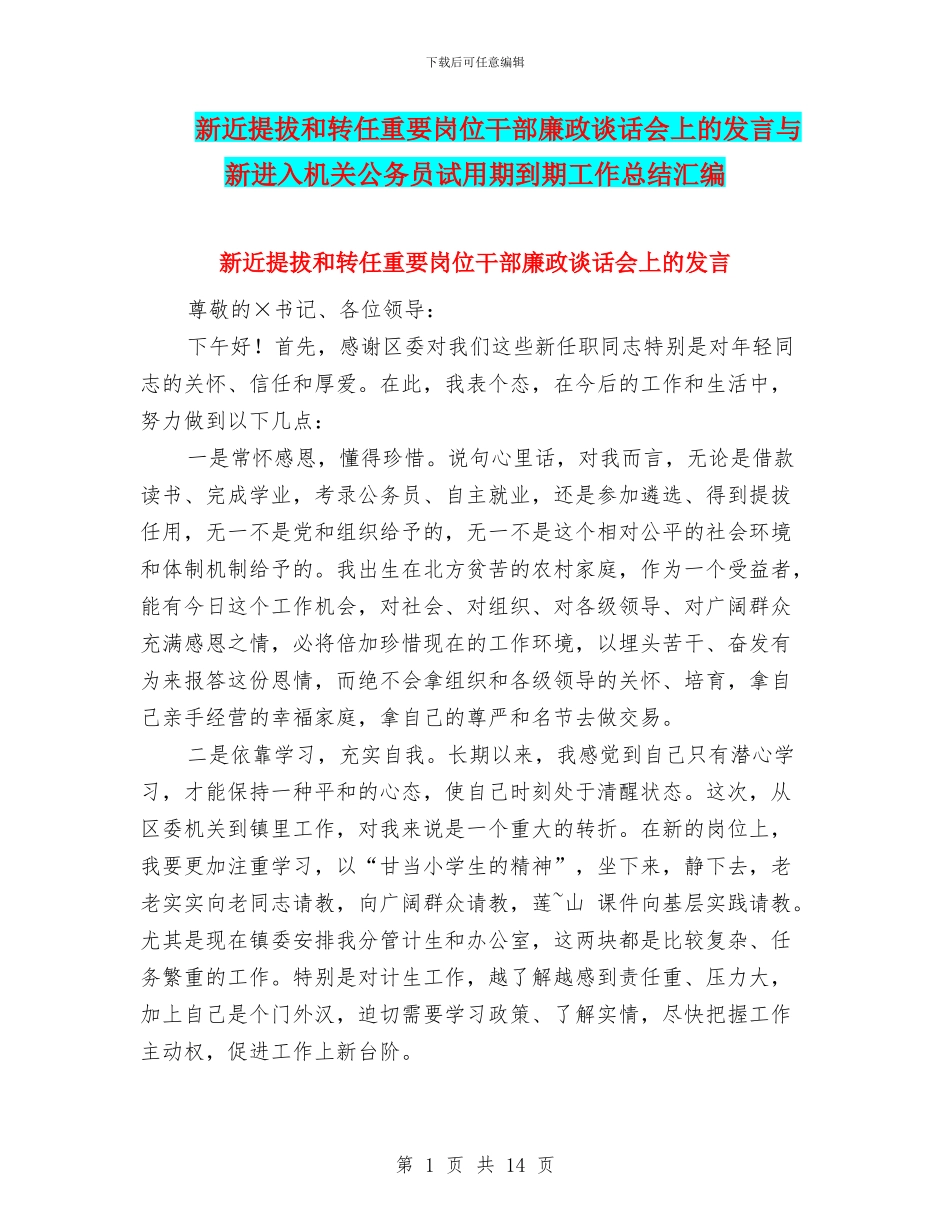 新近提拔和转任重要岗位干部廉政谈话会上的发言与新进入机关公务员试用期到期工作总结汇编_第1页