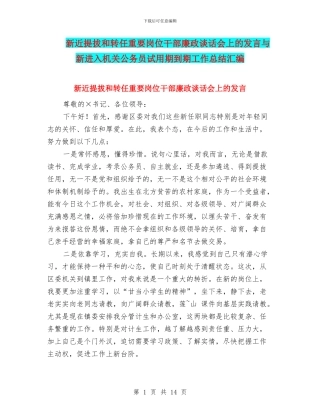 新近提拔和转任重要岗位干部廉政谈话会上的发言与新进入机关公务员试用期到期工作总结汇编