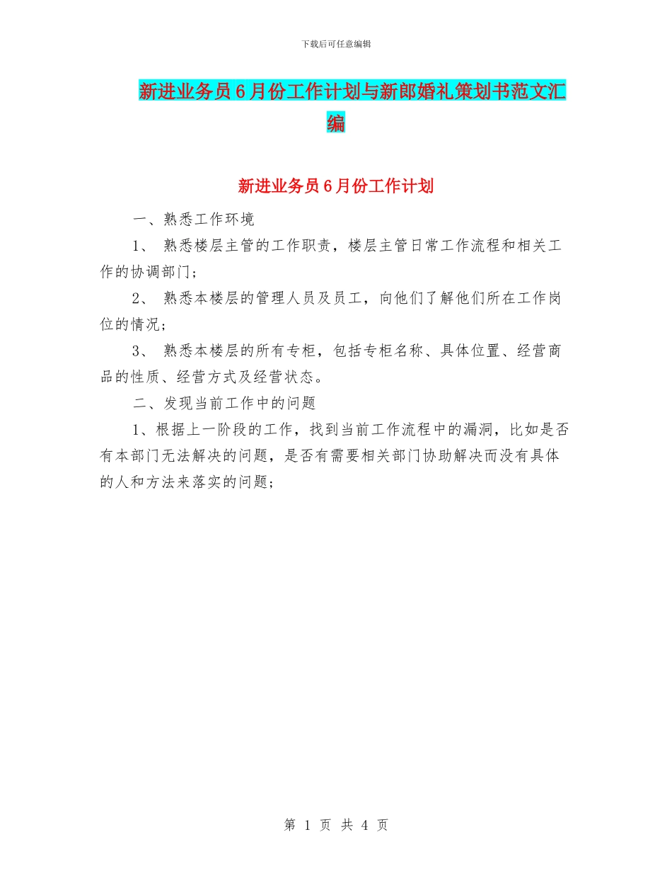 新进业务员6月份工作计划与新郎婚礼策划书范文汇编_第1页