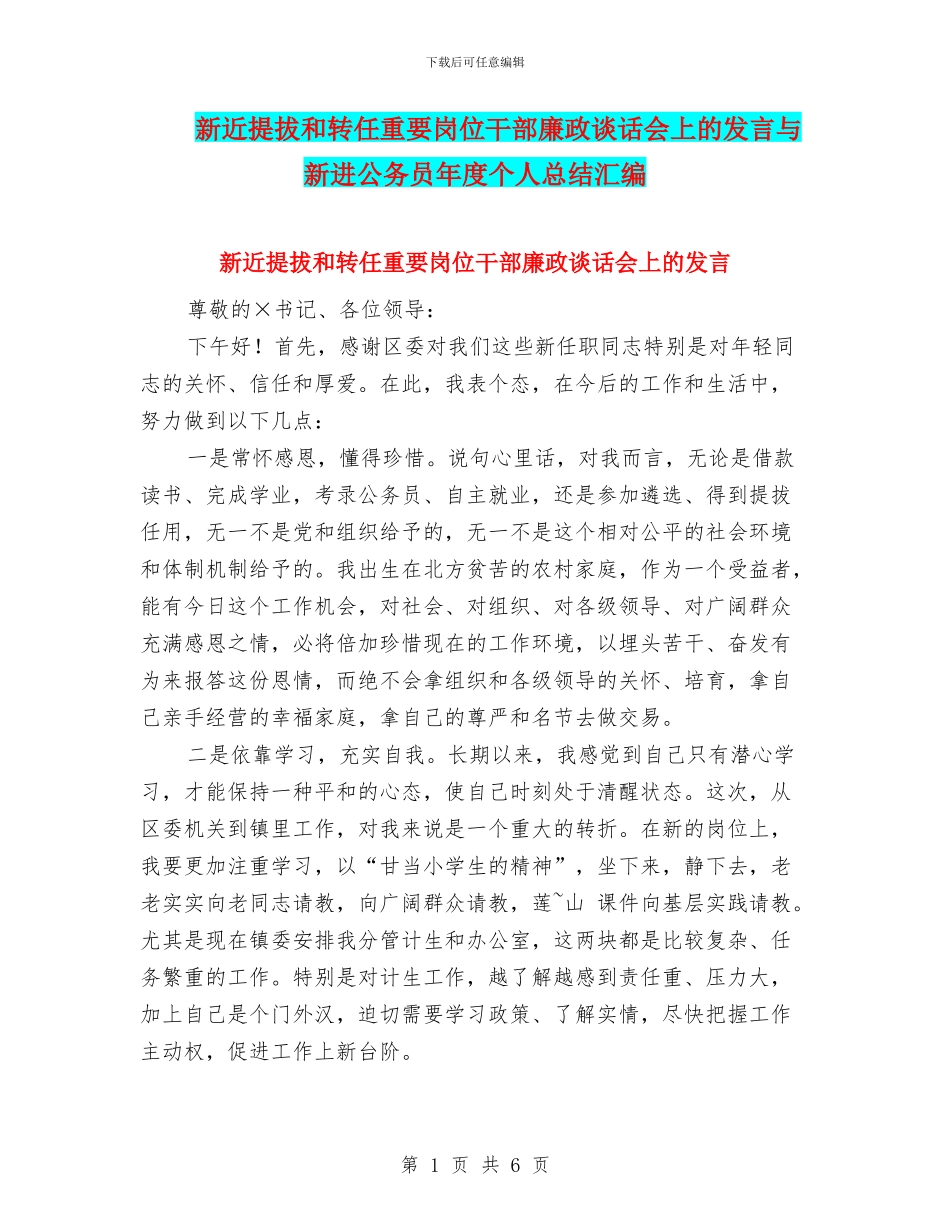 新近提拔和转任重要岗位干部廉政谈话会上的发言与新进公务员年度个人总结汇编_第1页