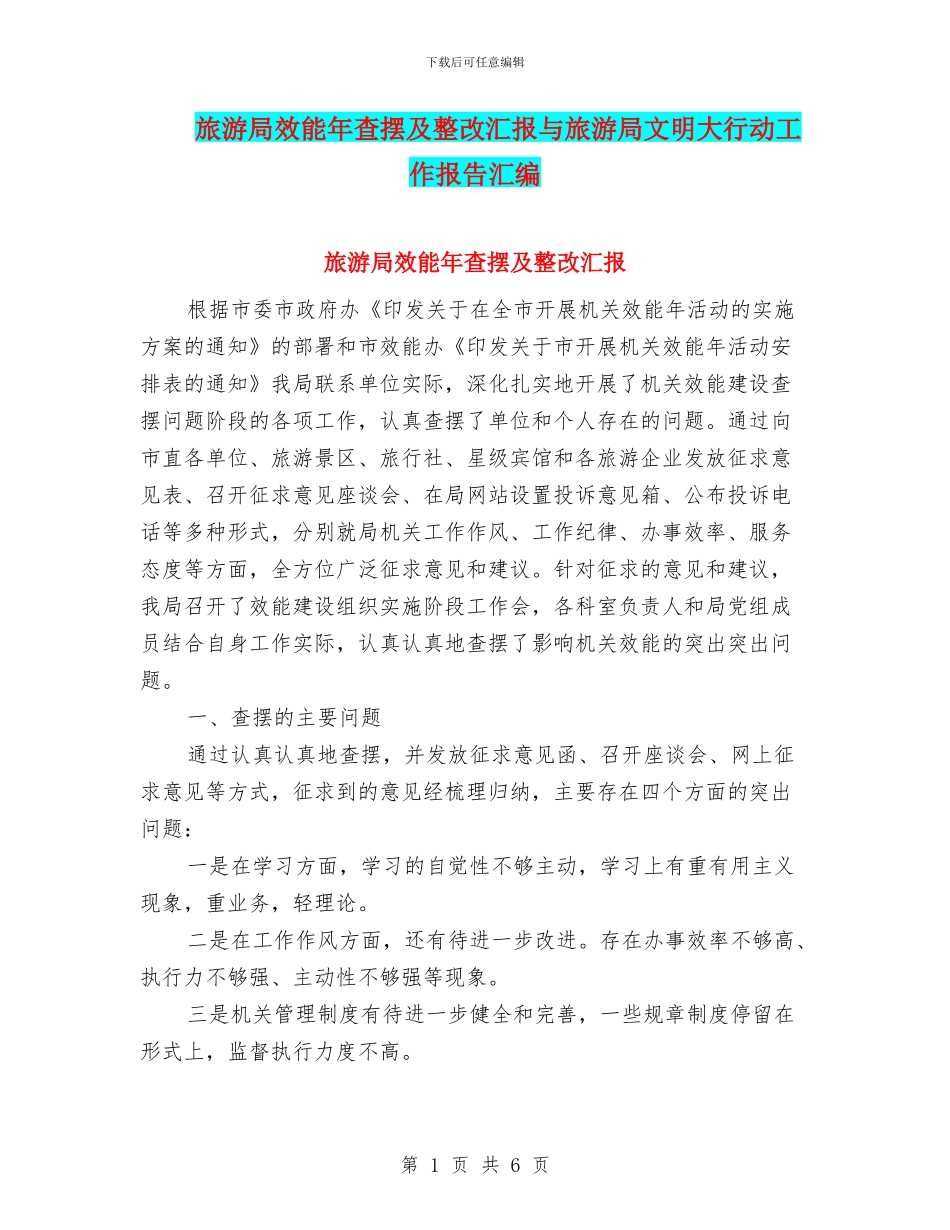 旅游局效能年查摆及整改汇报与旅游局文明大行动工作报告汇编_第1页