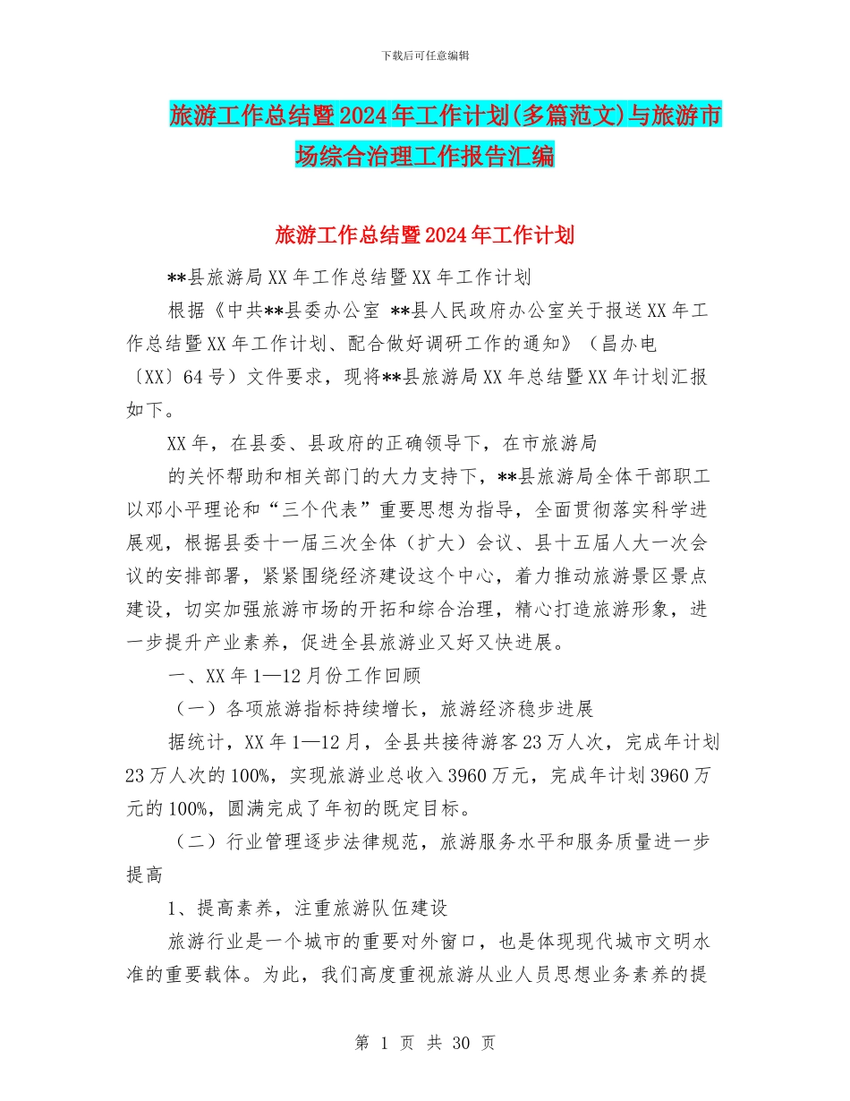 旅游工作总结暨2024年工作计划与旅游市场综合治理工作报告汇编_第1页