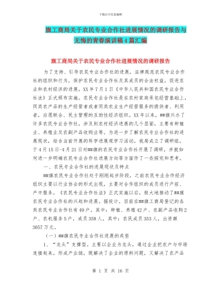 旗工商局关于农民专业合作社发展情况的调研报告与无悔的青春演讲稿4篇汇编
