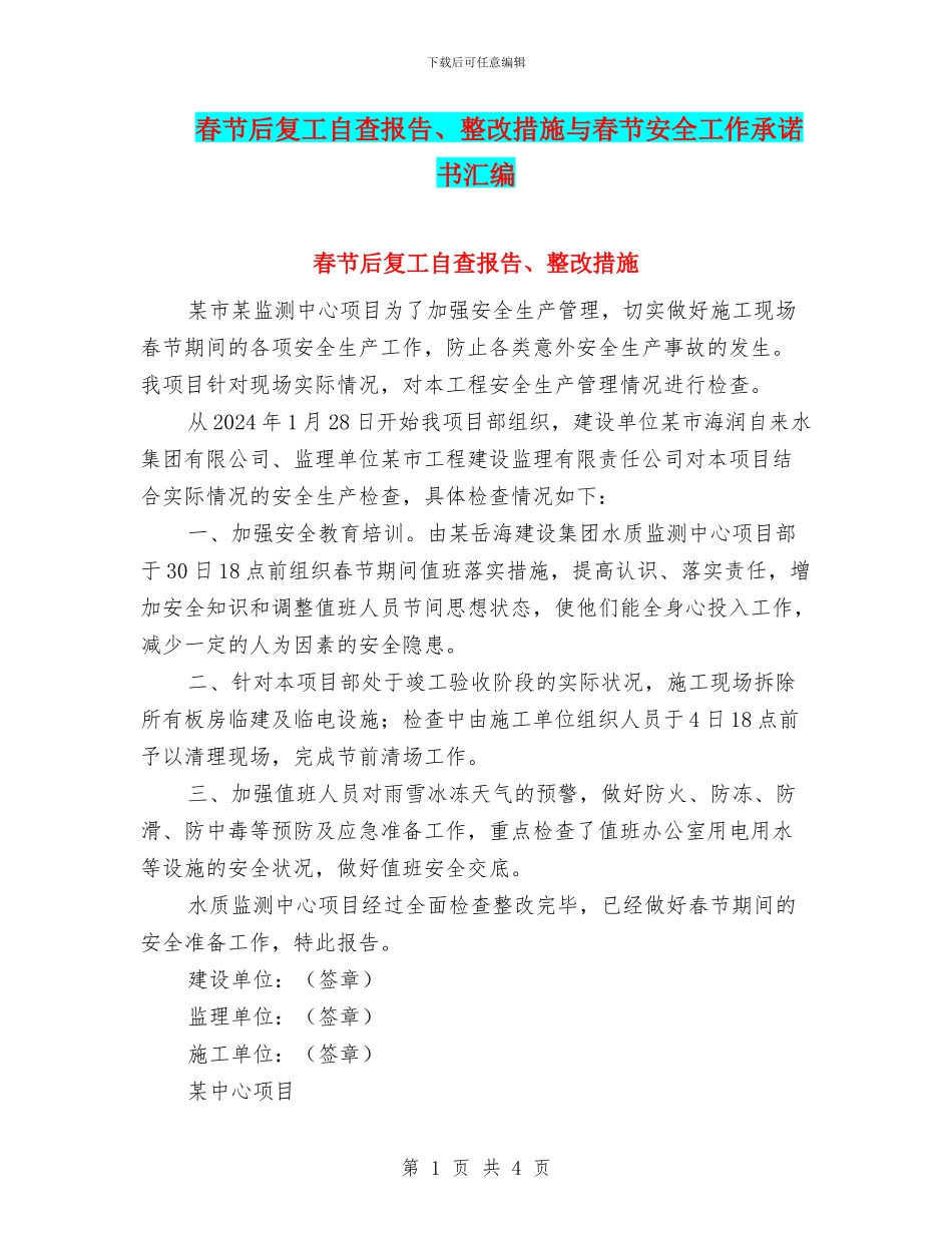春节后复工自查报告、整改措施与春节安全工作承诺书汇编_第1页