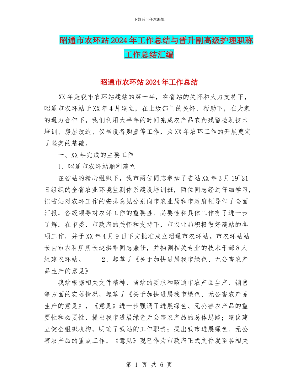 昭通市农环站2024年工作总结与晋升副高级护理职称工作总结汇编_第1页