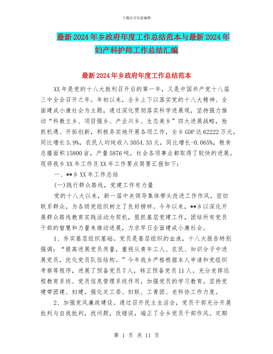 最新2024年乡政府年度工作总结范本与最新2024年妇产科护师工作总结汇编_第1页