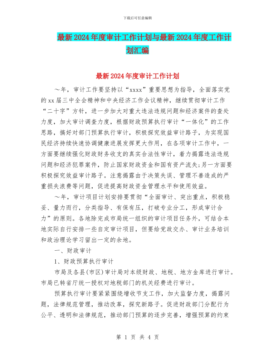 最新2024年度审计工作计划与最新2024年度工作计划汇编_第1页