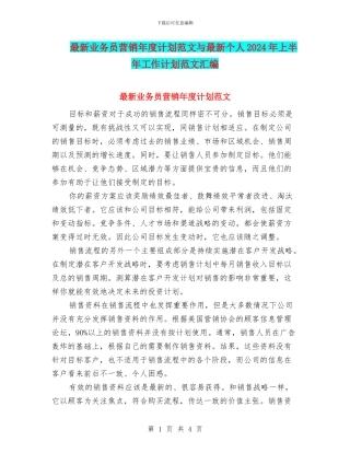最新业务员营销年度计划范文与最新个人2024年上半年工作计划范文汇编