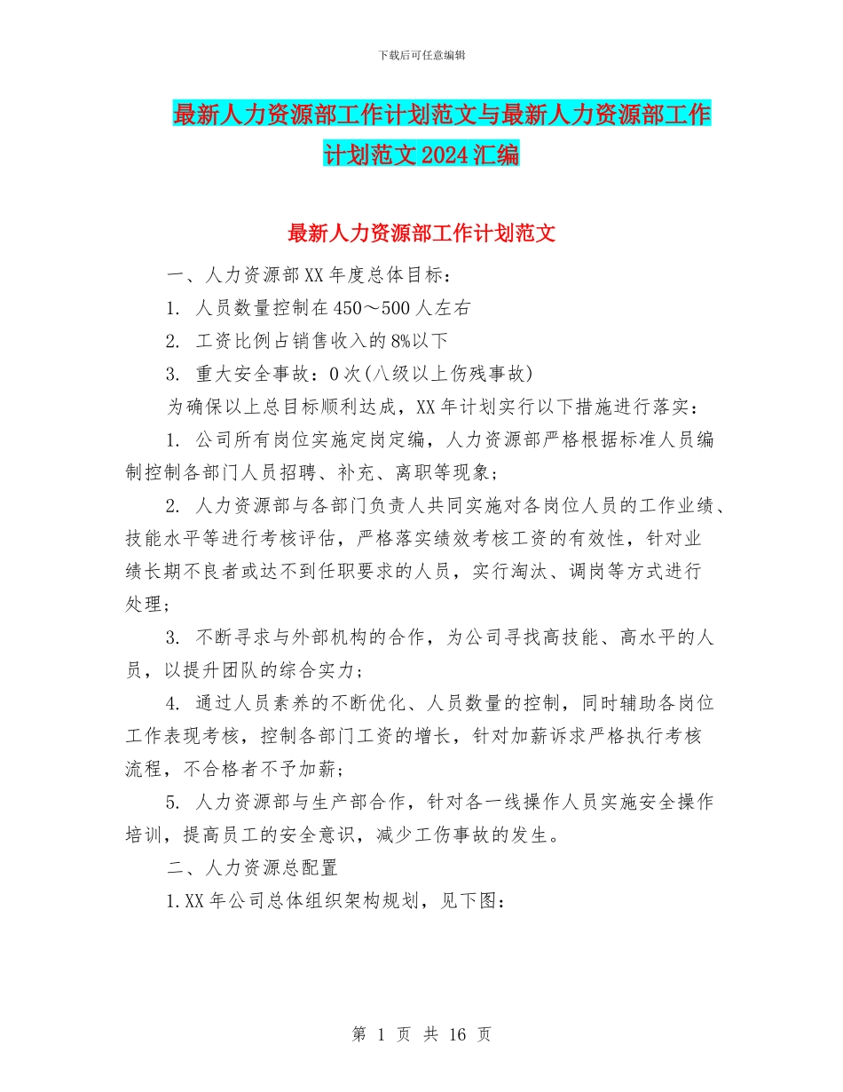 最新人力资源部工作计划范文与最新人力资源部工作计划范文2024汇编_第1页