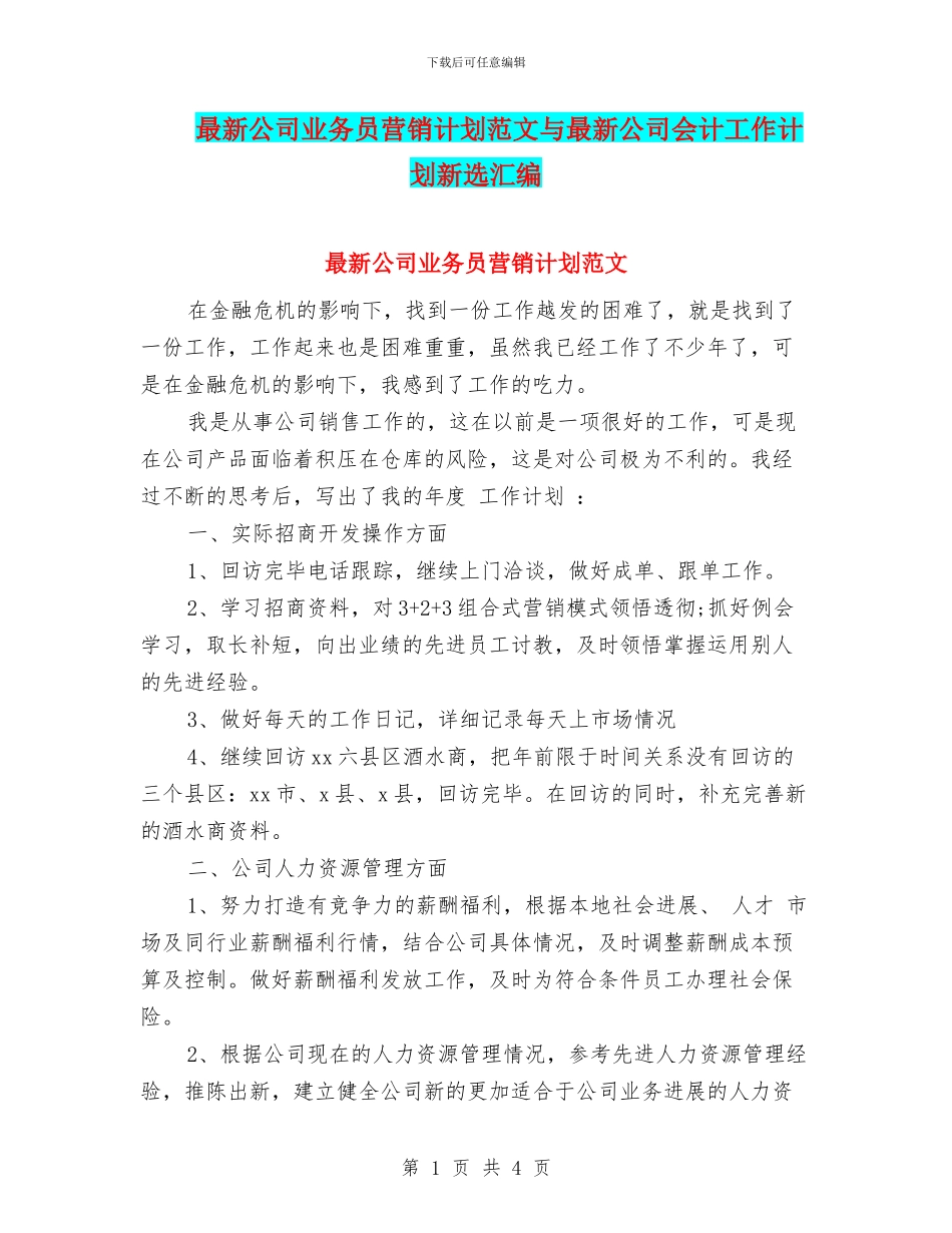 最新公司业务员营销计划范文与最新公司会计工作计划新选汇编_第1页