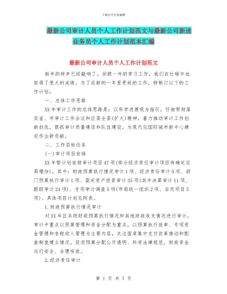 最新公司审计人员个人工作计划范文与最新公司新进业务员个人工作计划范本汇编