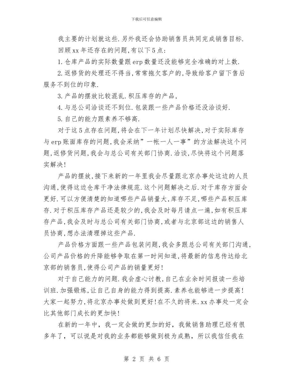 最新公司销售助理工作计划与最新公司销售助理工作计划格式汇编_第2页