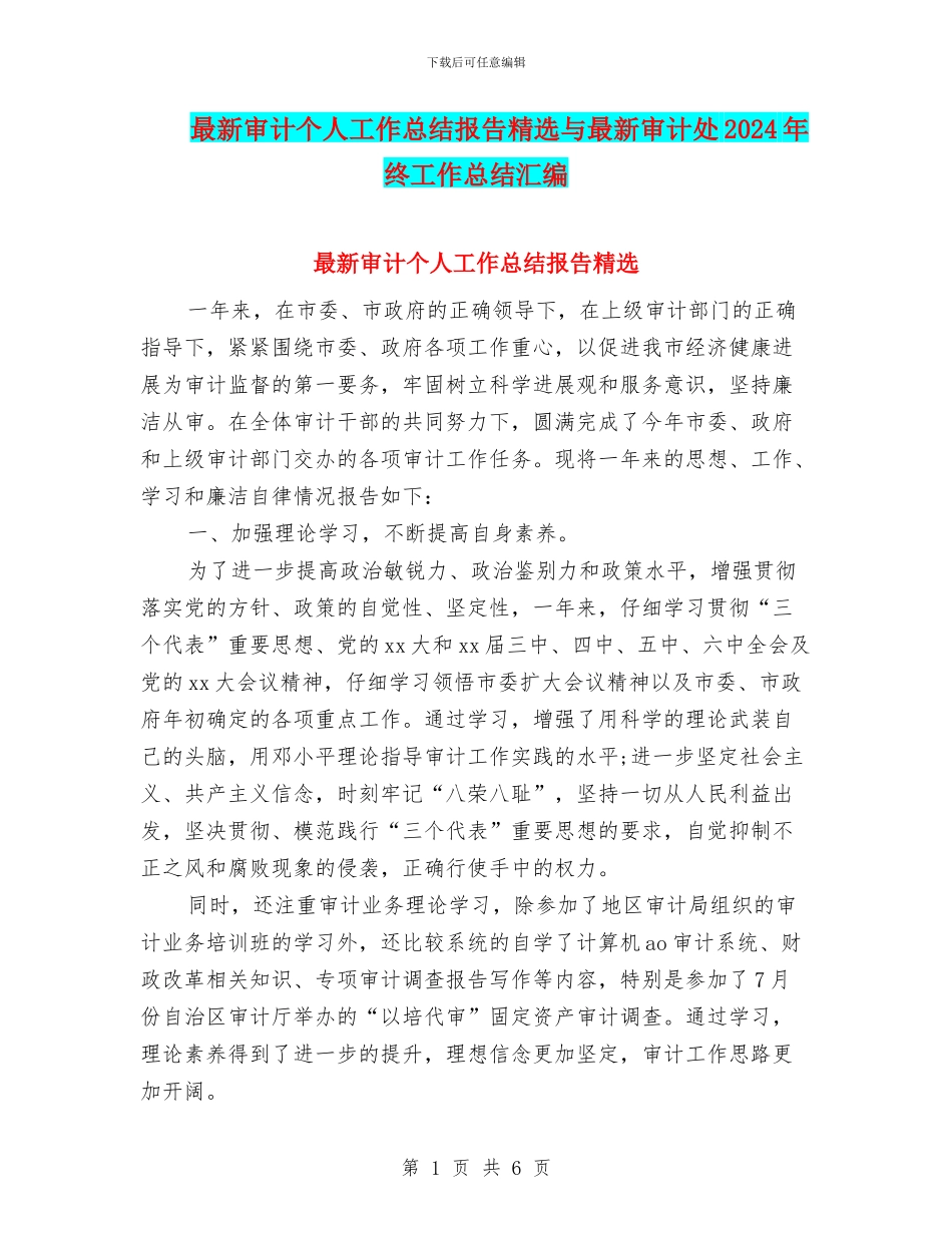 最新审计个人工作总结报告精选与最新审计处2024年终工作总结汇编_第1页