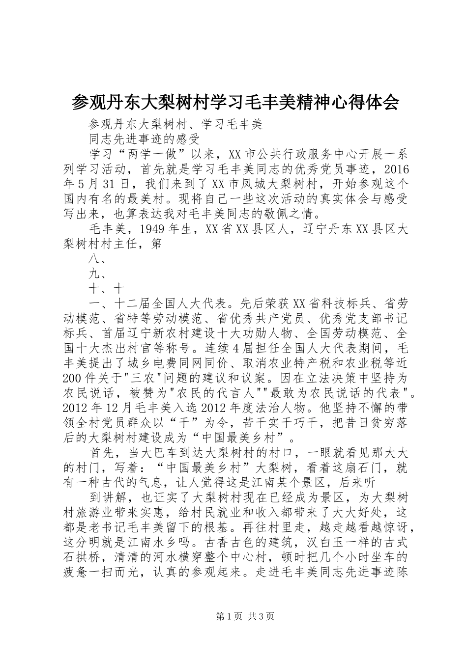 参观丹东大梨树村学习毛丰美精神心得体会_第1页