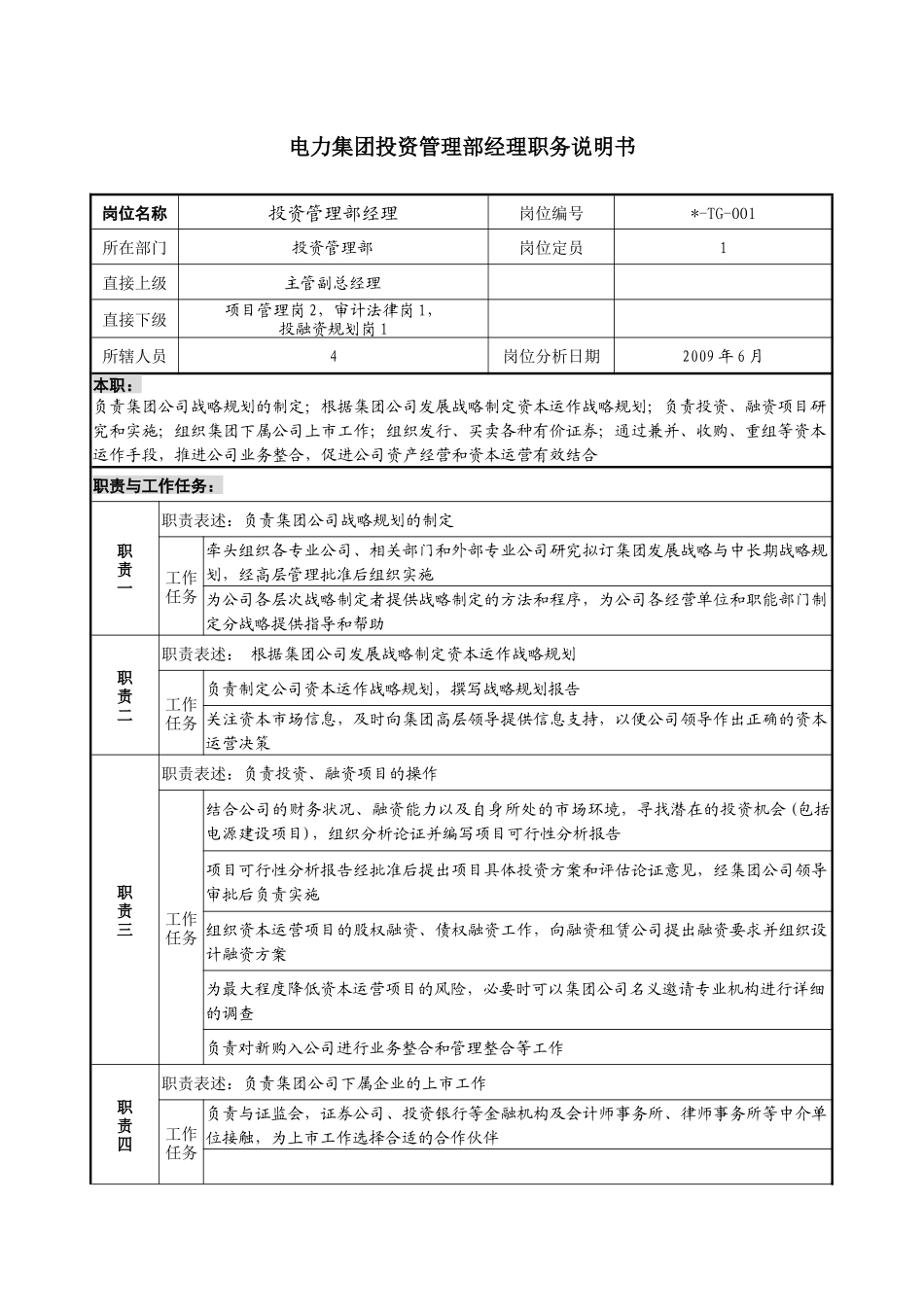 电力集团投资管理部经理职务说明书._第1页