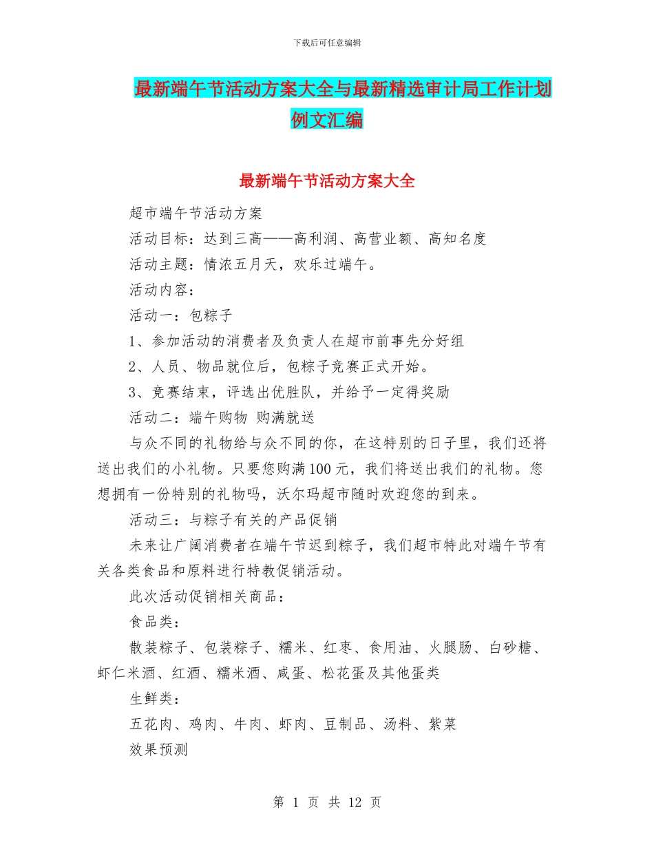 最新端午节活动方案大全与最新精选审计局工作计划例文汇编_第1页
