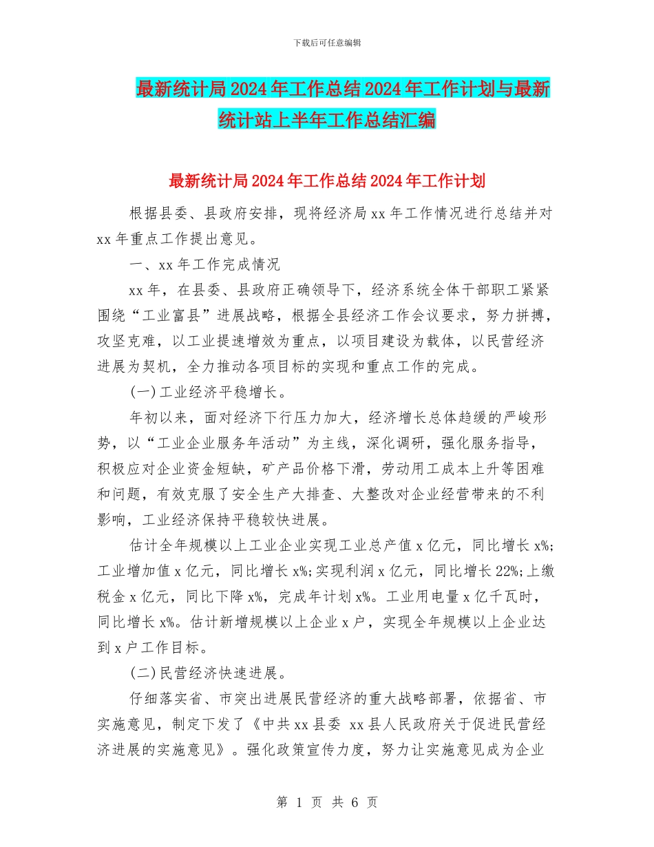 最新统计局2024年工作总结2024年工作计划与最新统计站上半年工作总结汇编_第1页