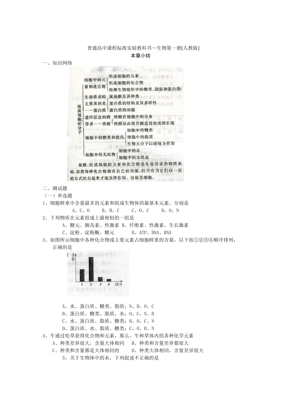 普通高中课程标准实验教科书—生物第一册[人教版]本章小结_第1页