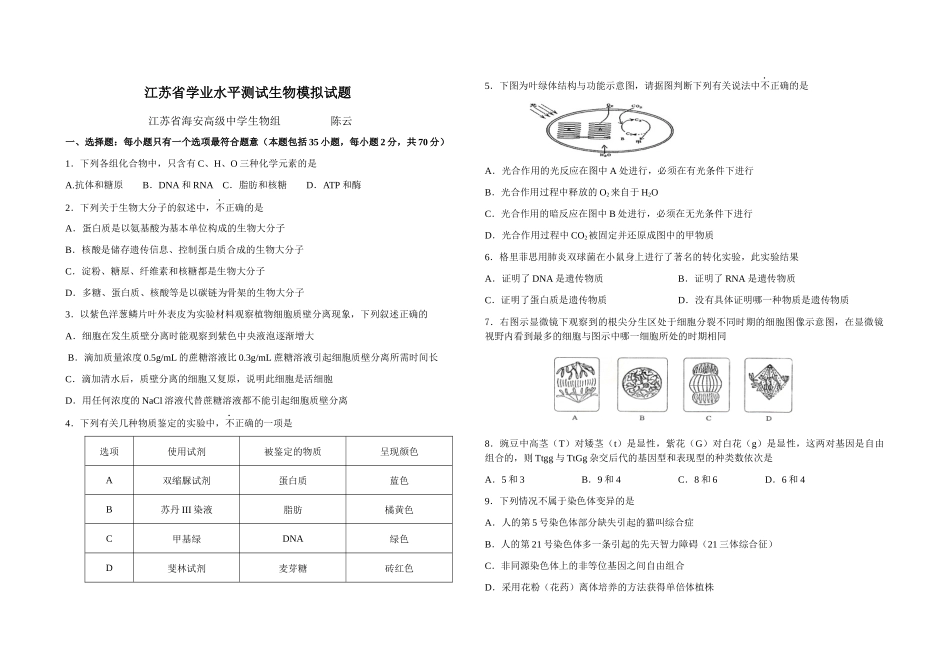 XXXX年江苏省学业水平测试生物模拟试题(1)_第1页