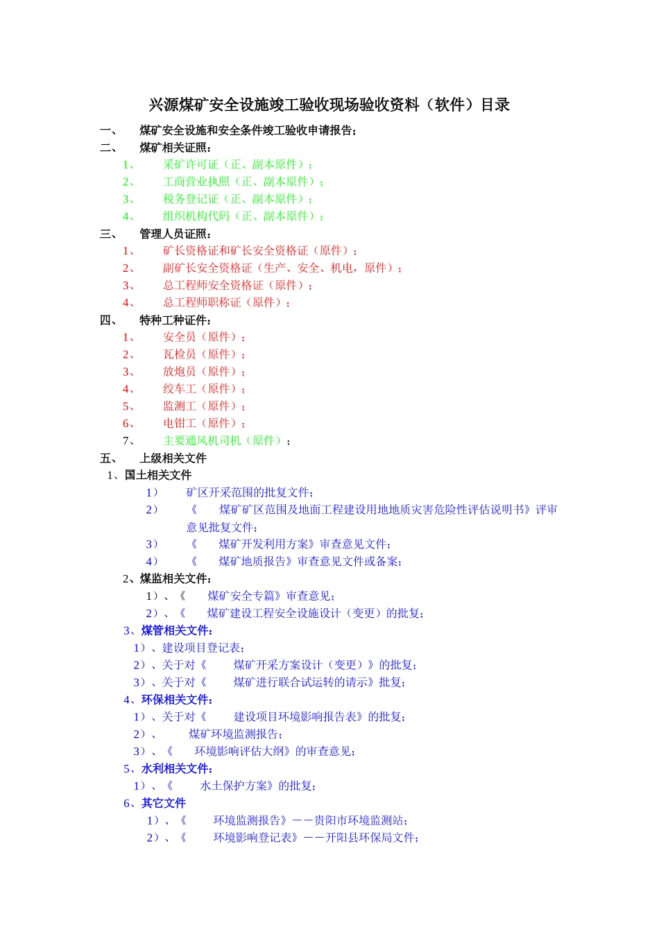 煤矿竣工验收现场验收资料目录_第1页