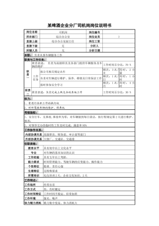 某啤酒企业分厂司机岗岗位说明书
