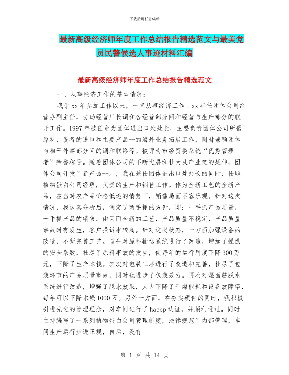 最新高级经济师年度工作总结报告精选范文与最美党员民警候选人事迹材料汇编_第1页