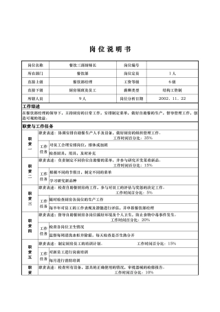 x国际大酒店餐饮部岗位说明书餐饮三部厨师长(doc)