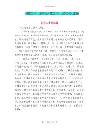 月度工作计划表与月度工作计划表2024汇编