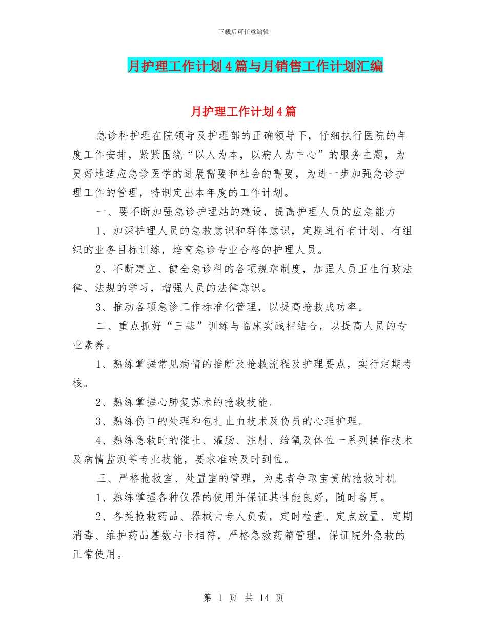月护理工作计划4篇与月销售工作计划汇编_第1页