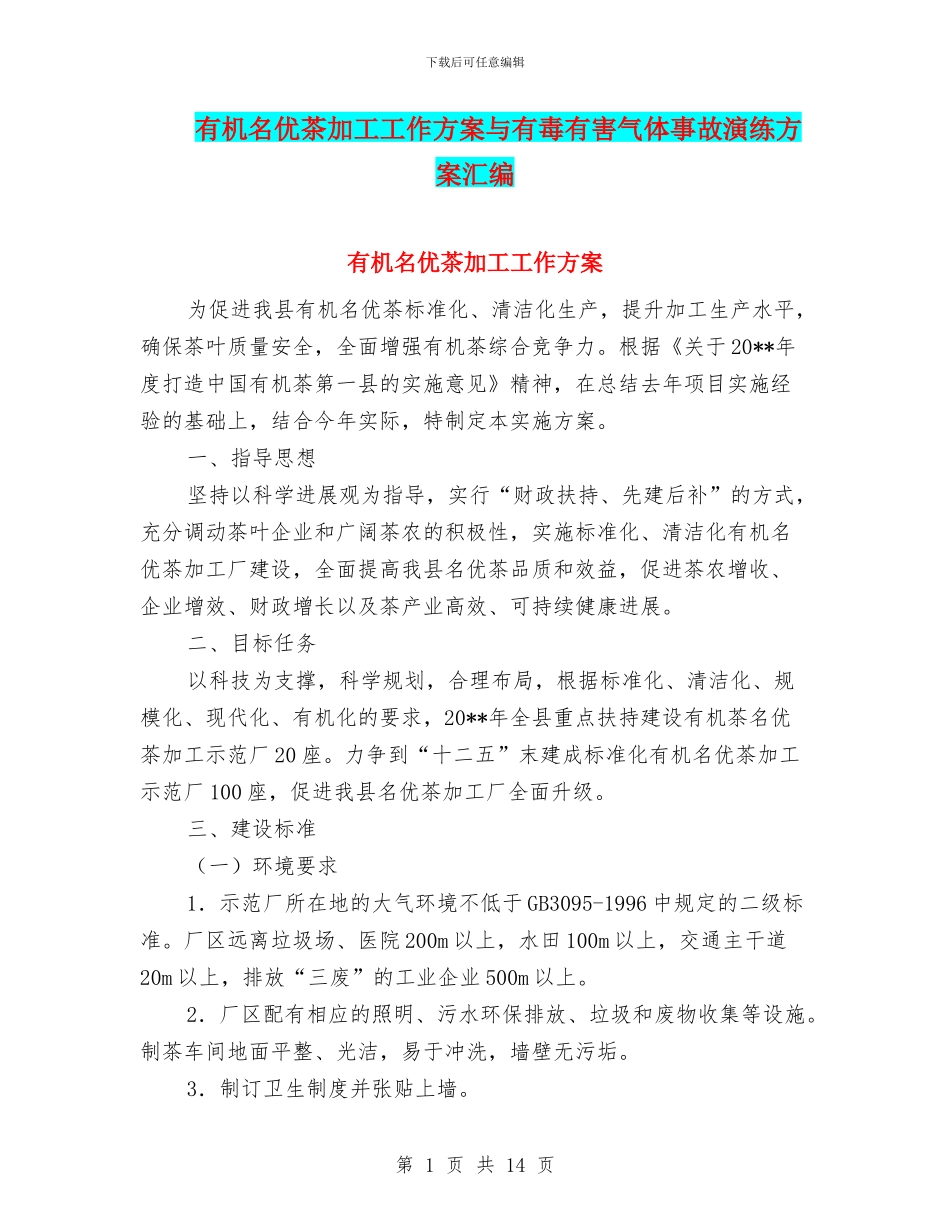 有机名优茶加工工作方案与有毒有害气体事故演练方案汇编_第1页