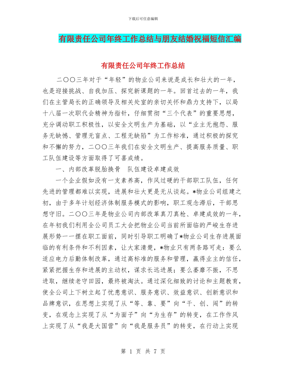 有限责任公司年终工作总结与朋友结婚祝福短信汇编_第1页