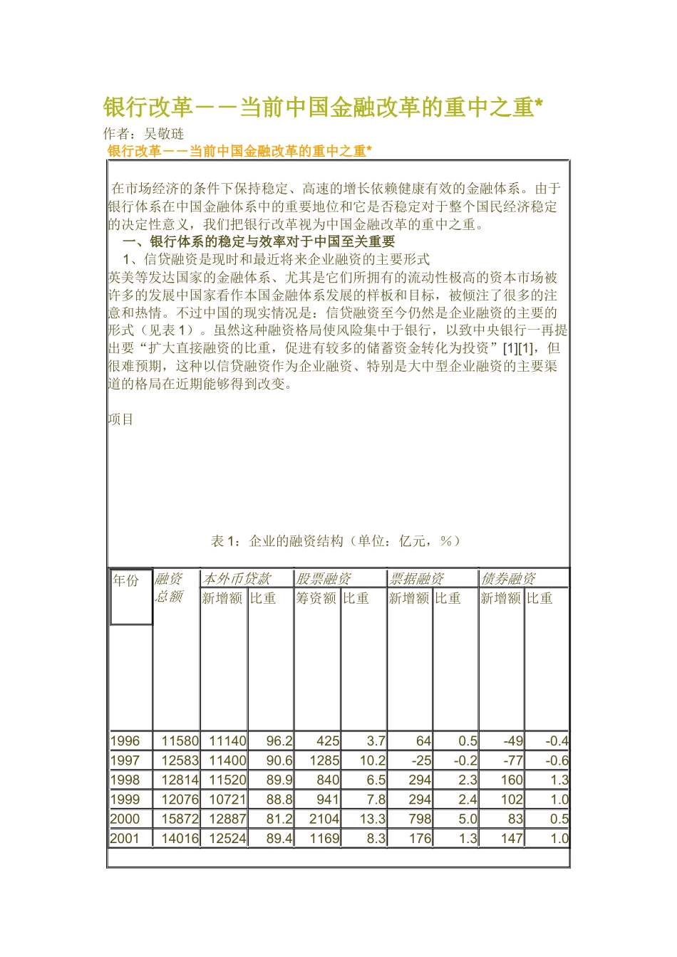 银行改革――当前中国金融改革的重中之重_第1页