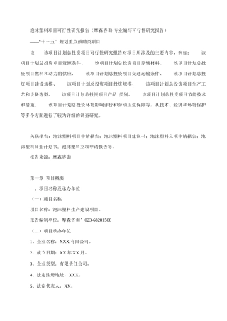 泡沫塑料项目可行性研究报告(摩森咨询·专业编写可行性