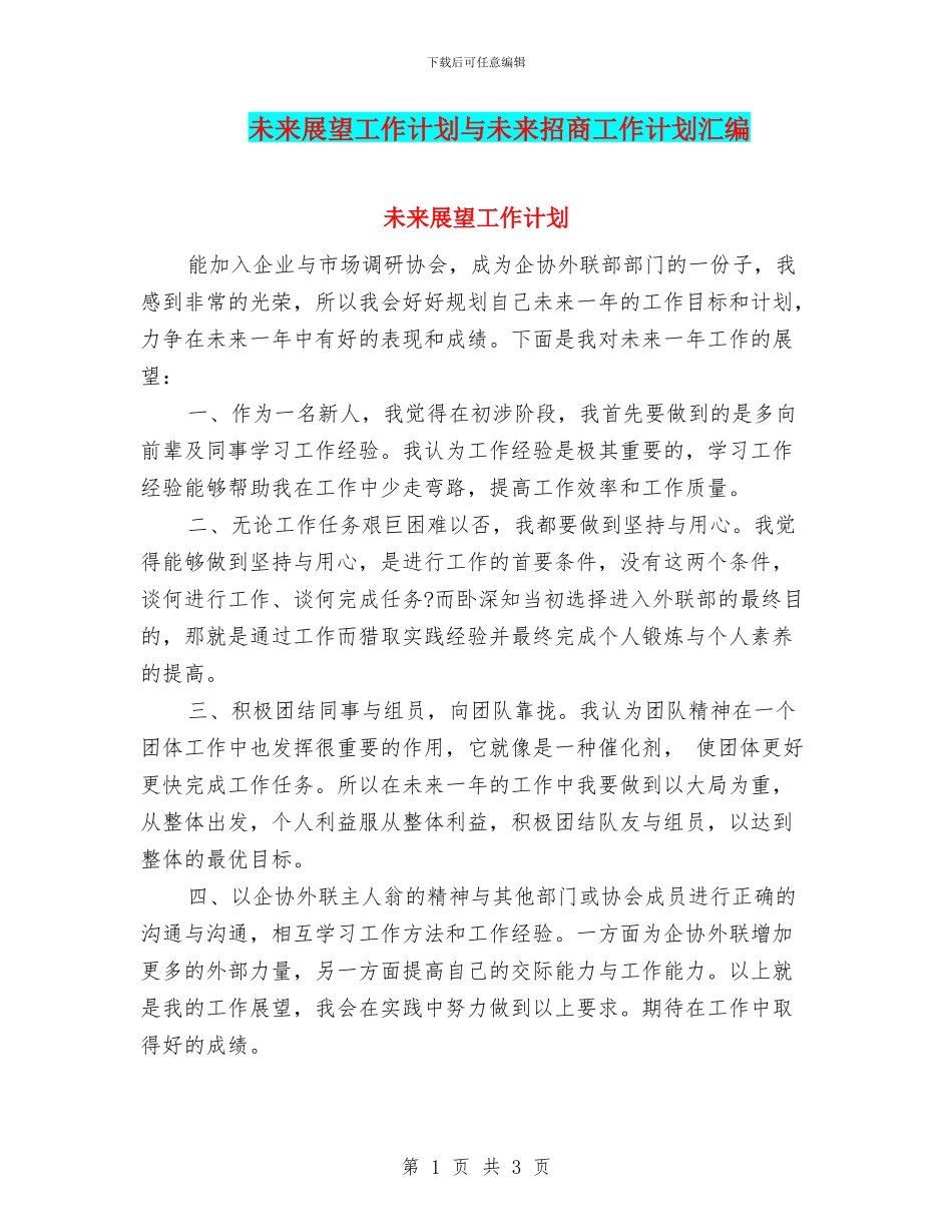 未来展望工作计划与未来招商工作计划汇编_第1页