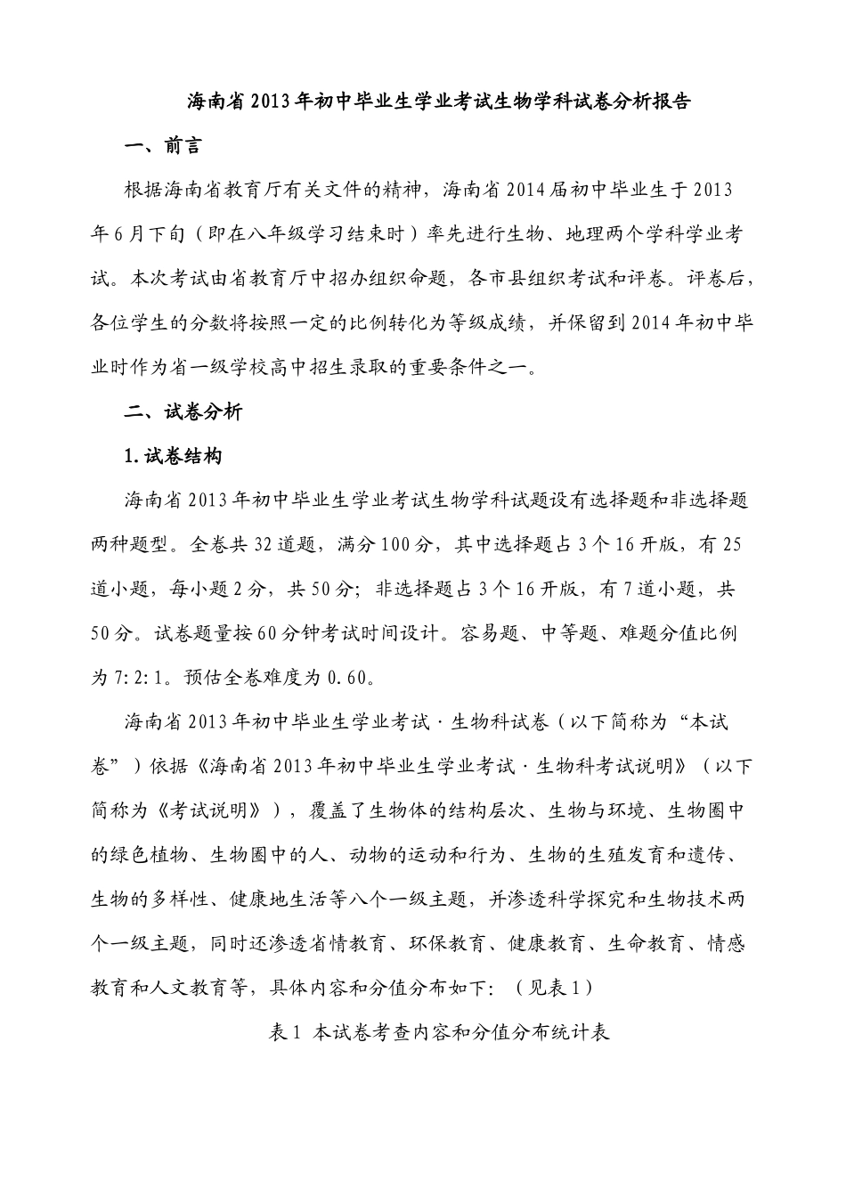 海南省XXXX年初中毕业生学业考试生物学科试卷分析报告_第1页