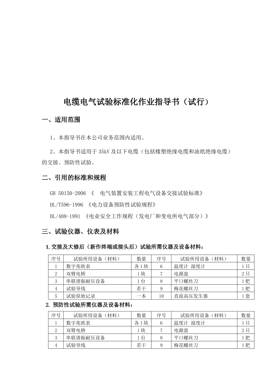 电缆电气试验标准化作业指导书范本_第1页