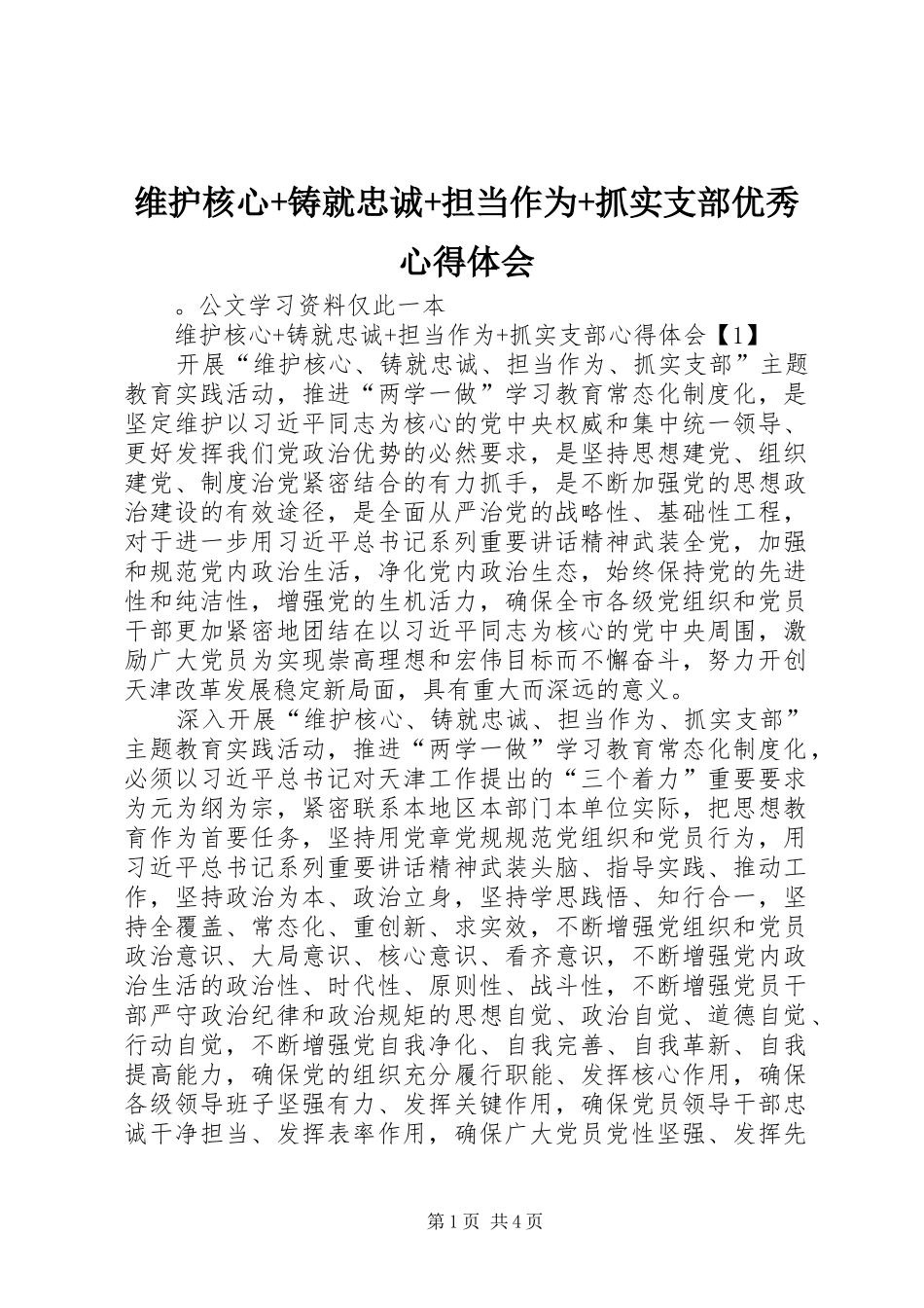 维护核心+铸就忠诚+担当作为+抓实支部优秀心得体会_第1页