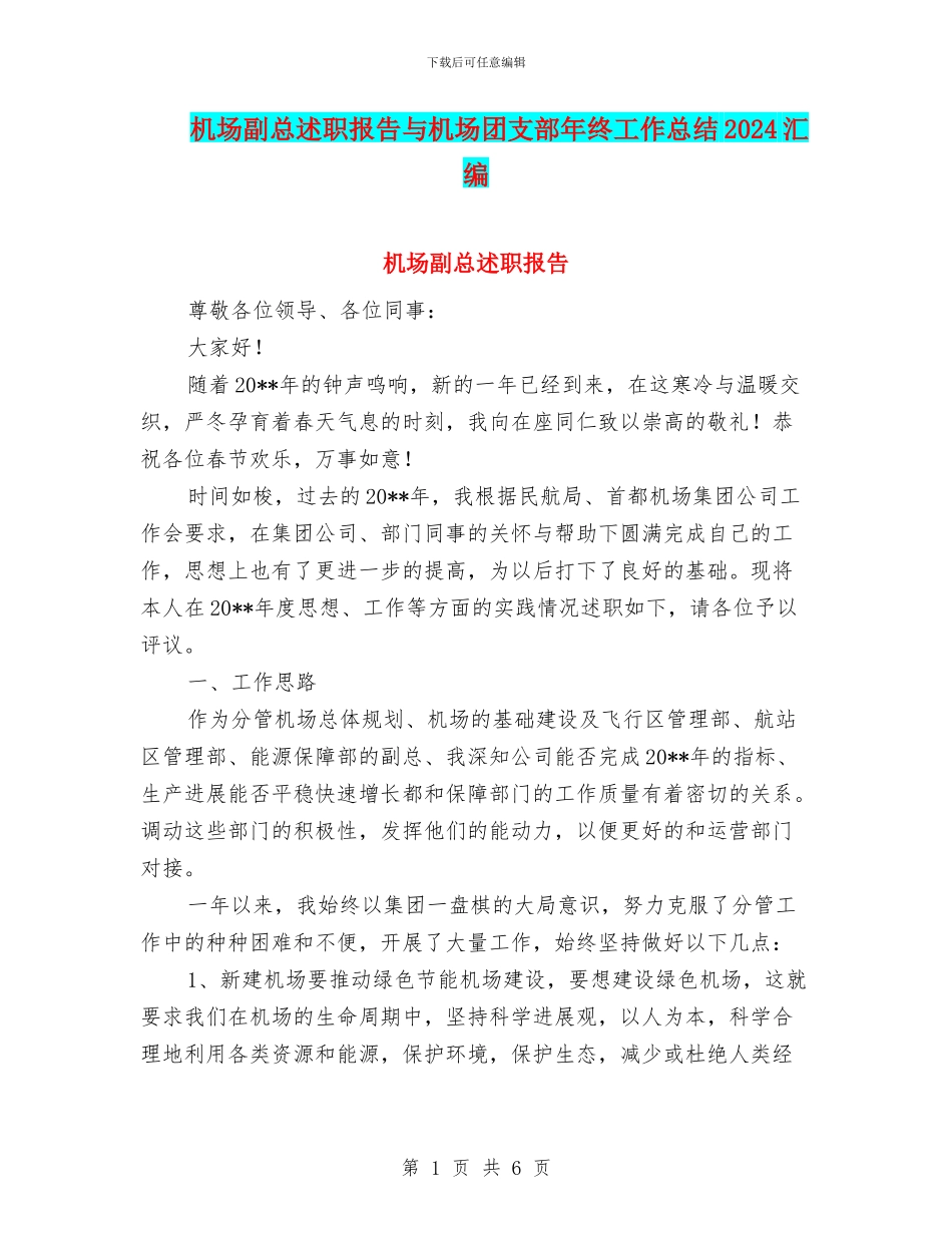 机场副总述职报告与机场团支部年终工作总结2024汇编_第1页