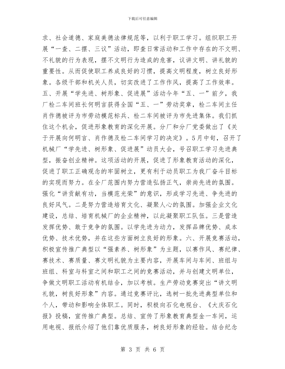 机械厂开展“新形象”教育活动情况的总结与机械工程协会年终工作总结汇编_第3页