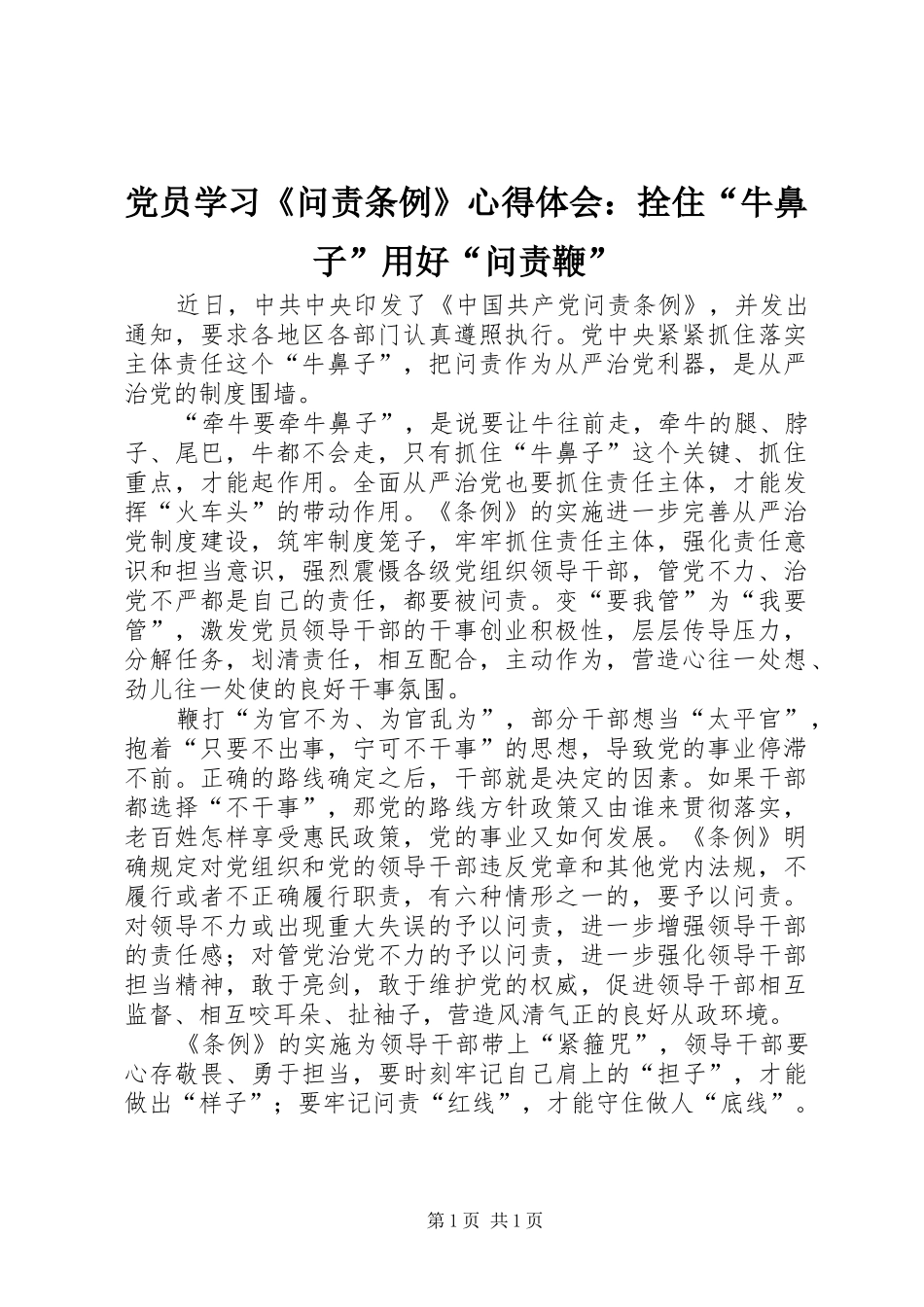 党员学习《问责条例》心得体会：拴住“牛鼻子”用好“问责鞭”_第1页