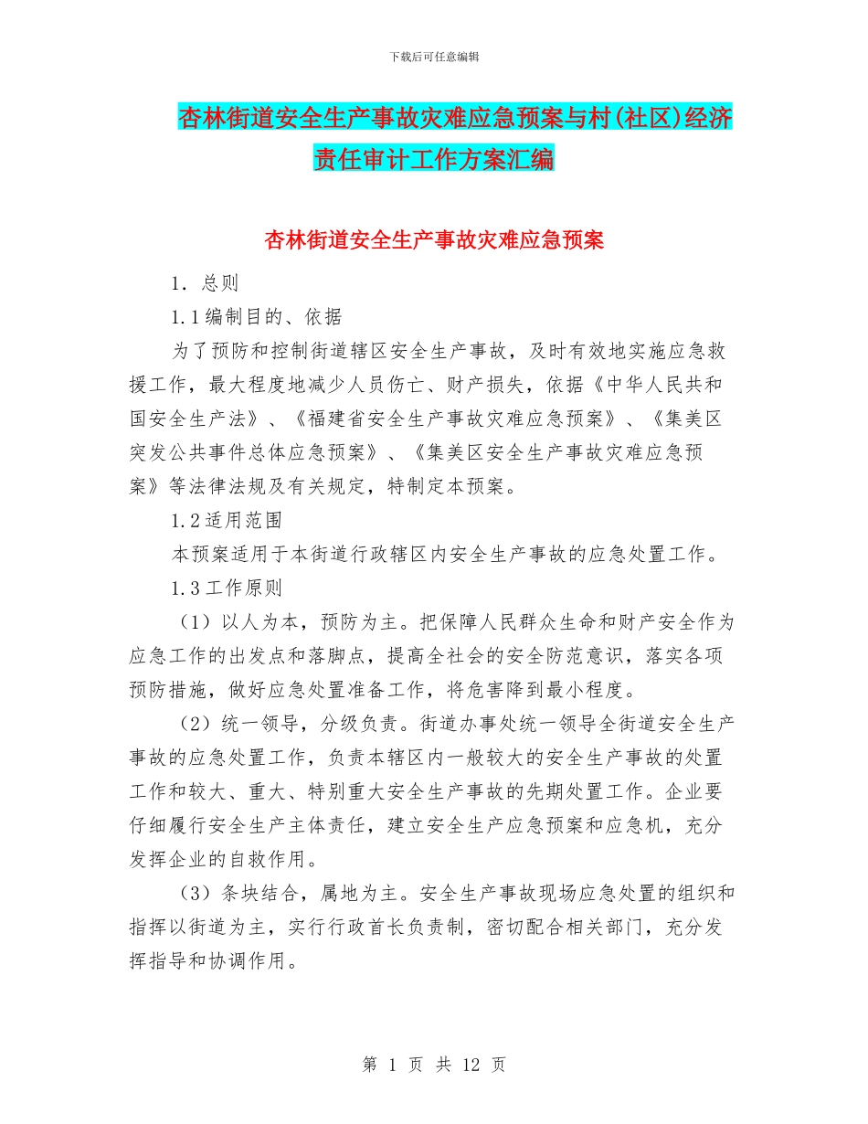 杏林街道安全生产事故灾难应急预案与村经济责任审计工作方案汇编_第1页