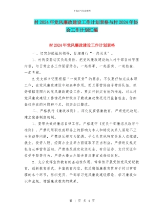村2024年党风廉政建设工作计划表格与村2024年协会工作计划汇编