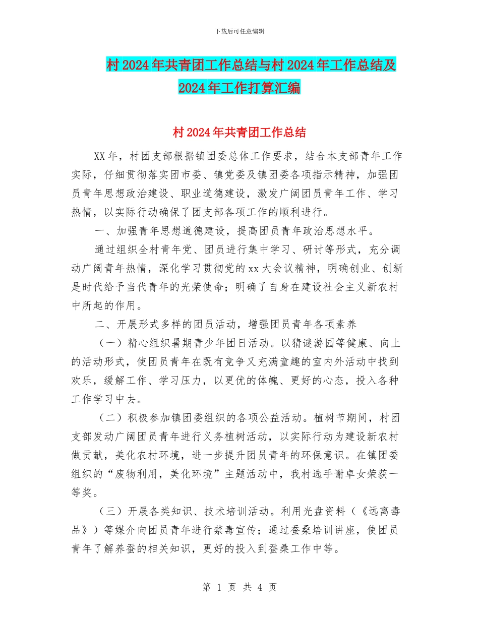 村2024年共青团工作总结与村2024年工作总结及2024年工作打算汇编_第1页