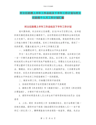村主任助理上半年工作总结及下半年工作计划与村主任助理个人月工作计划汇编