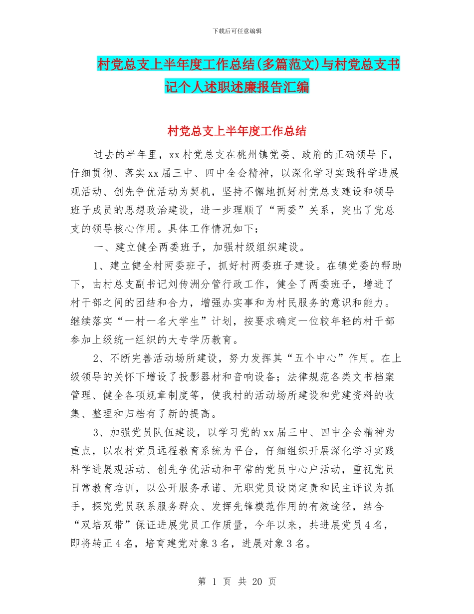 村党总支上半年度工作总结与村党总支书记个人述职述廉报告汇编.doc_第1页
