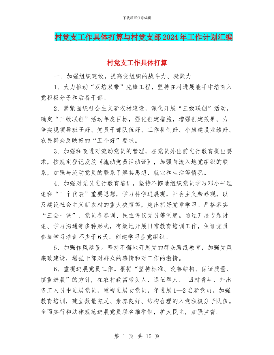 村党支工作具体打算与村党支部2024年工作计划汇编_第1页