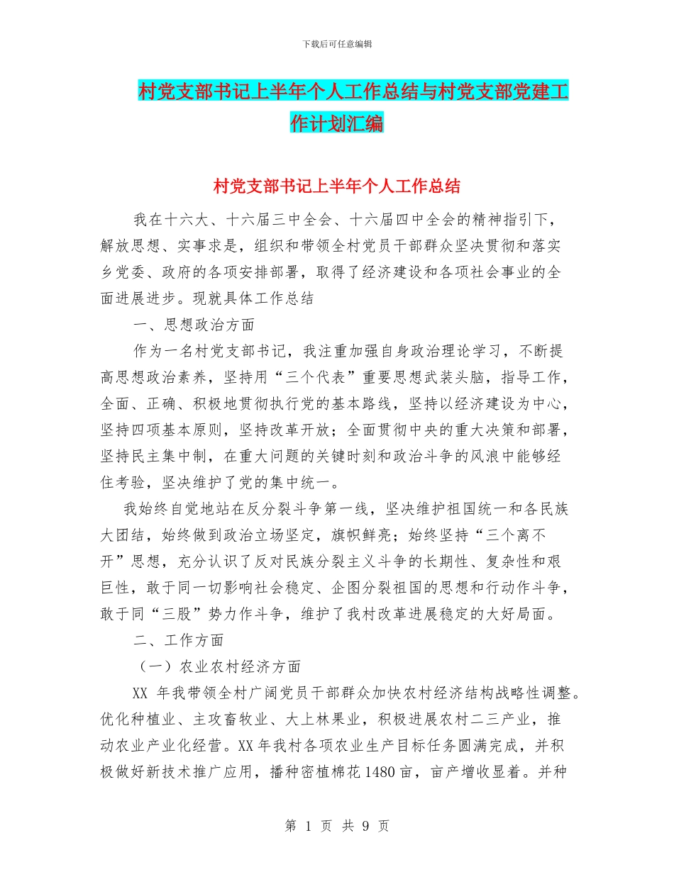 村党支部书记上半年个人工作总结与村党支部党建工作计划汇编_第1页
